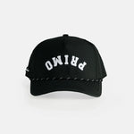 Black cap with white text on a light gray background