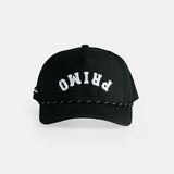 Black cap with white text on a light gray background