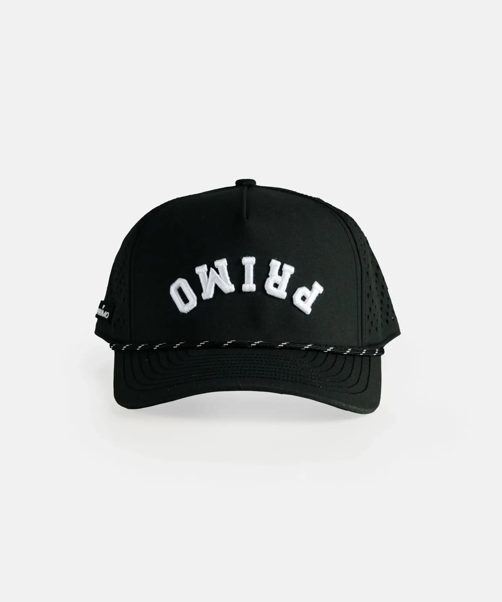 Black cap with white text on a light gray background