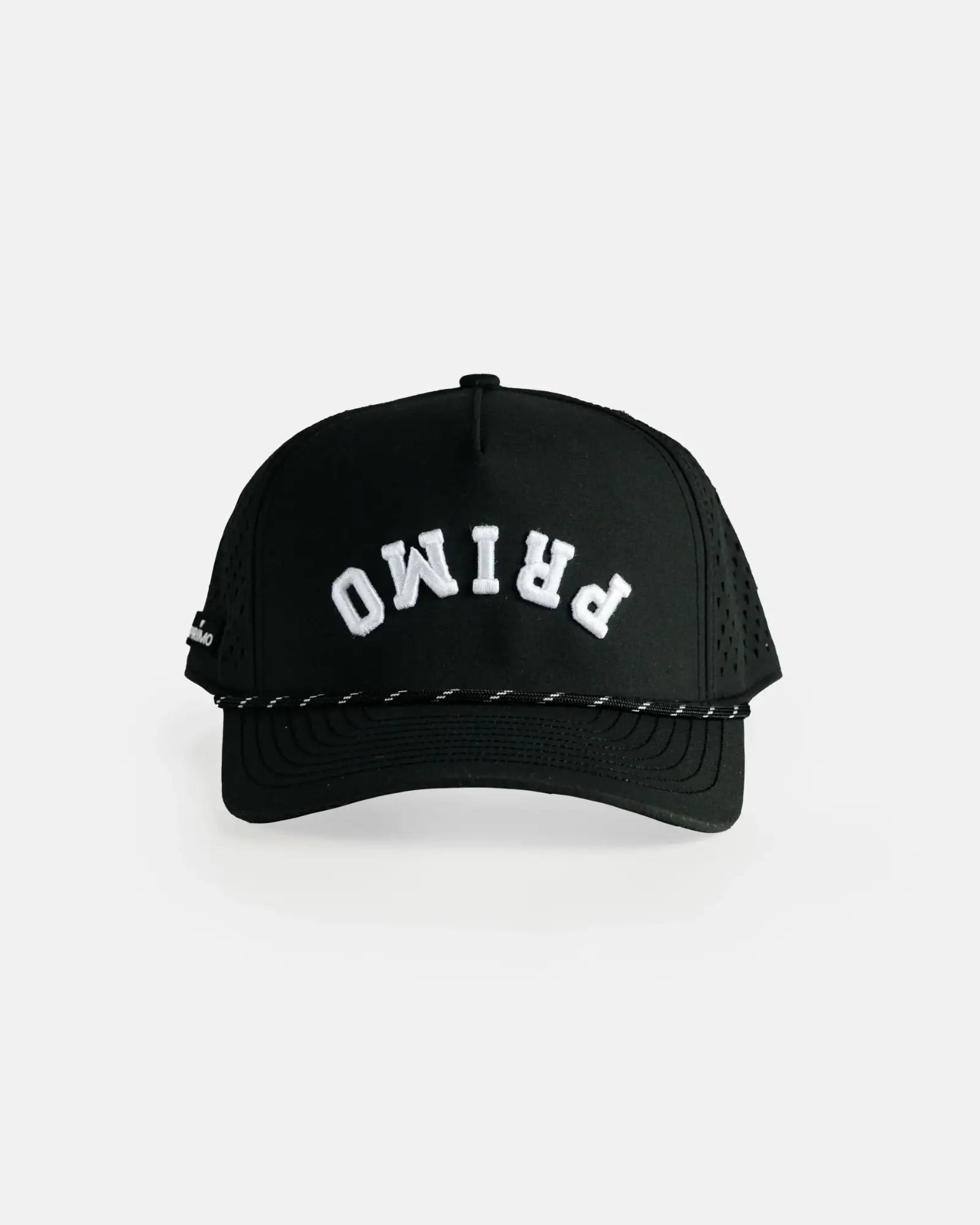 Black cap with white text on a light gray background