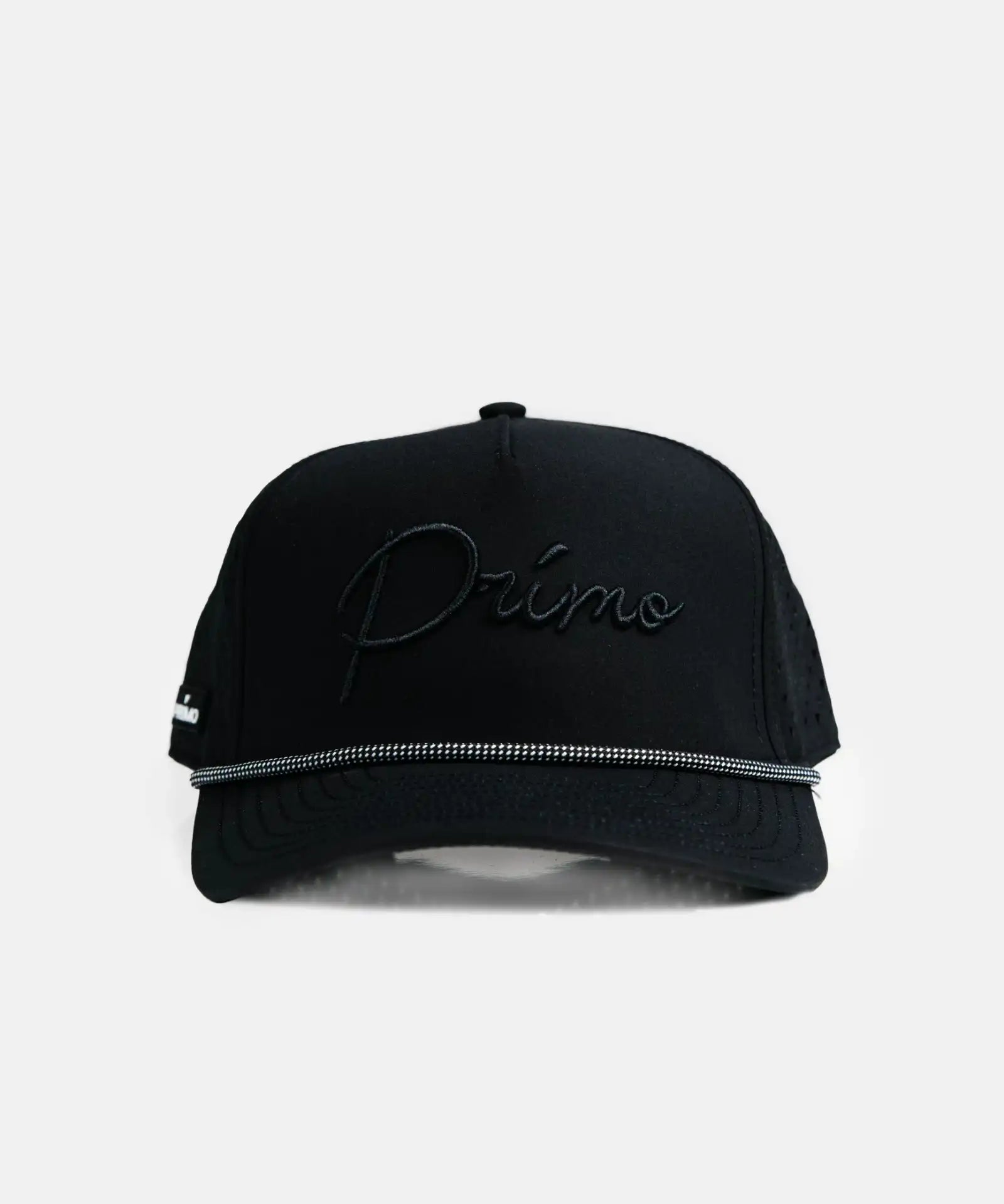 Black cap with 'Primo' embroidery on a white background