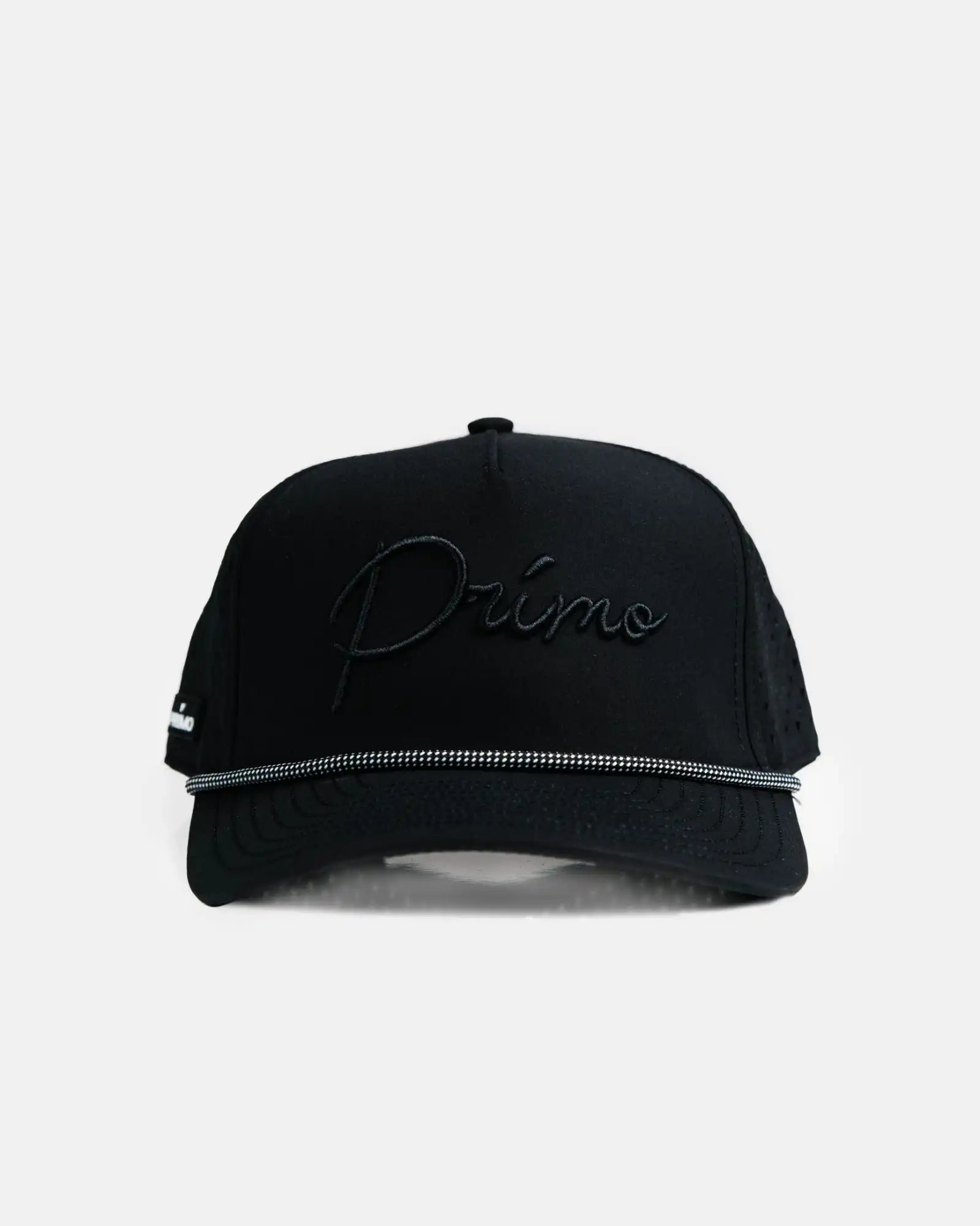 Black cap with 'Primo' embroidery on a white background