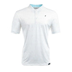 White polo shirt with a small logo on a white background