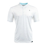 White polo shirt with a small logo on a white background