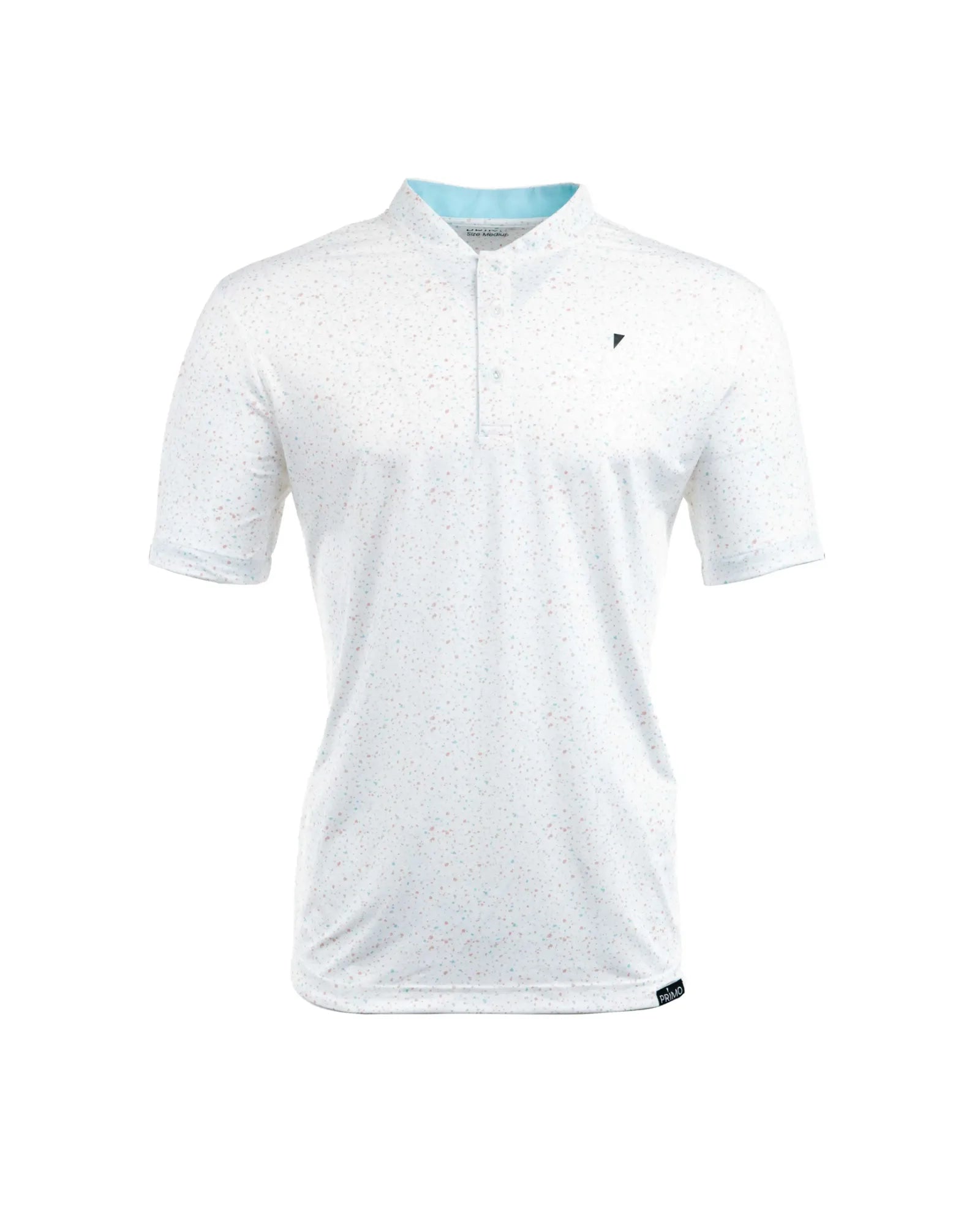 White polo shirt with a small logo on a white background
