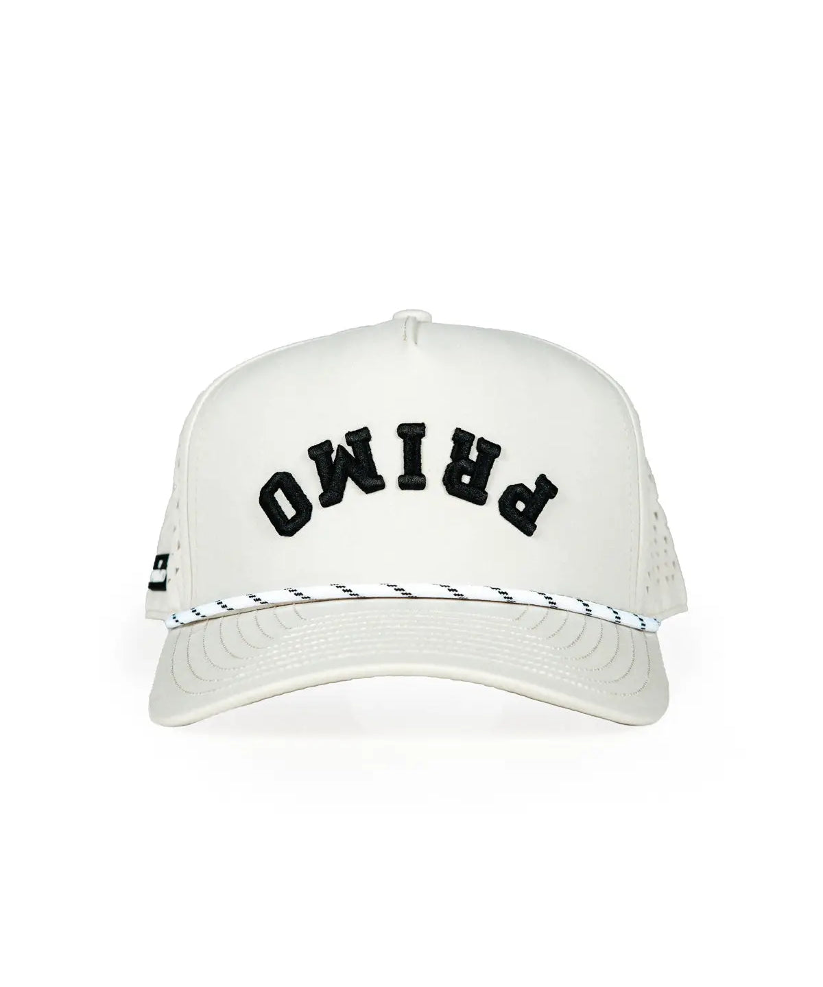 Cream hat with brand name 'Primo' on front of cap but upside down. 