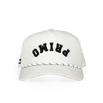Cream hat with brand name 'Primo' on front of cap but upside down. 