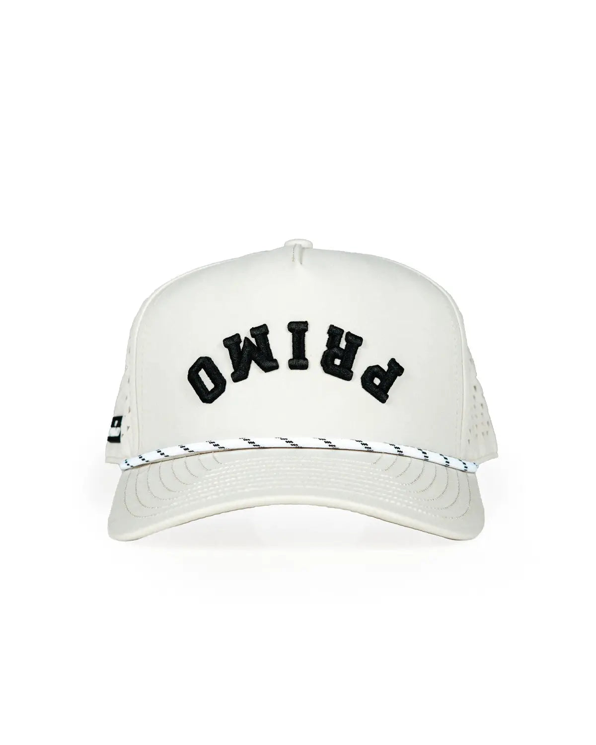Cream hat with brand name 'Primo' on front of cap but upside down. 