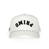 Cream hat with brand name 'Primo' on front of cap but upside down. 