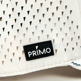 Primo rubber logo label sewn to side of cap