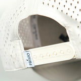 Close up detail of back of cap with mesh and snapback closure.