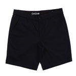 Black shorts with a brand logo on a white background