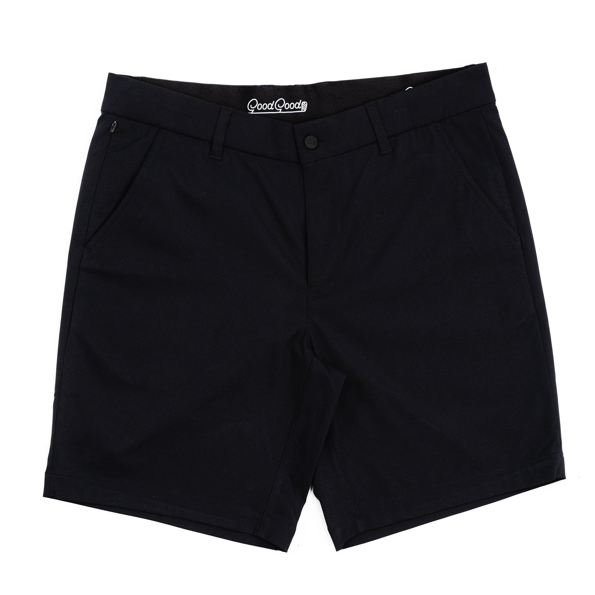 Black shorts with a brand logo on a white background