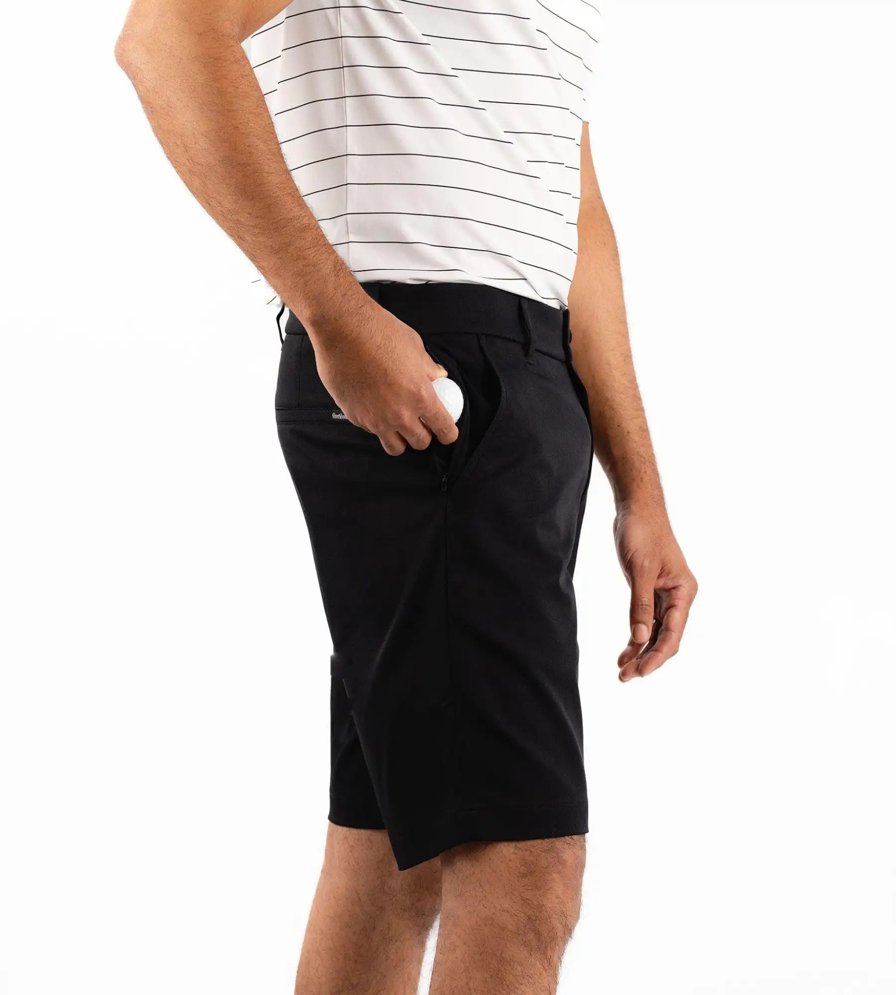 Person wearing black shorts and a white striped shirt on a white background