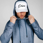 Man modelling the Primo Blue hoodie with a speckled subtle pattern
