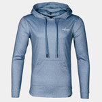 Front view of the dusty blue speckled hoodie