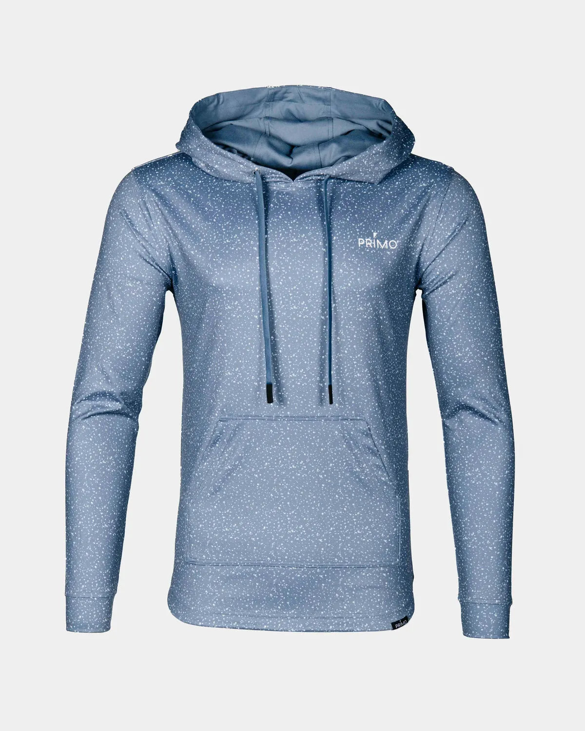 Front view of the dusty blue speckled hoodie