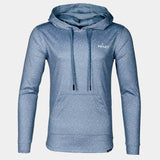 Front view of the dusty blue speckled hoodie