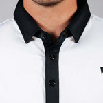 Close up of the front quarter placket with buttons on golf shirt.