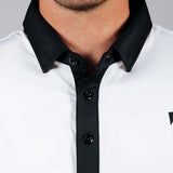 Close up of the front quarter placket with buttons on golf shirt.