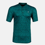 Teal patterned polo shirt on a light gray background