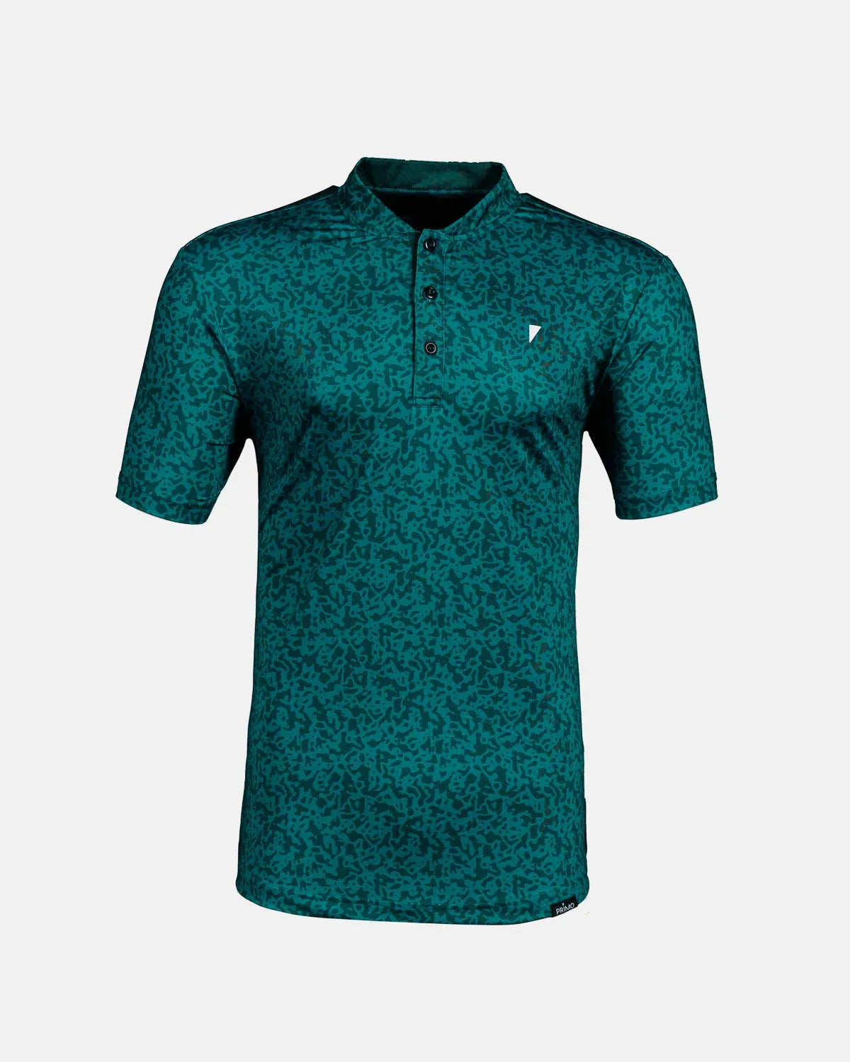 Teal patterned polo shirt on a light gray background