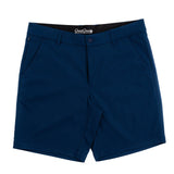 Blue shorts with a brand logo on a white background