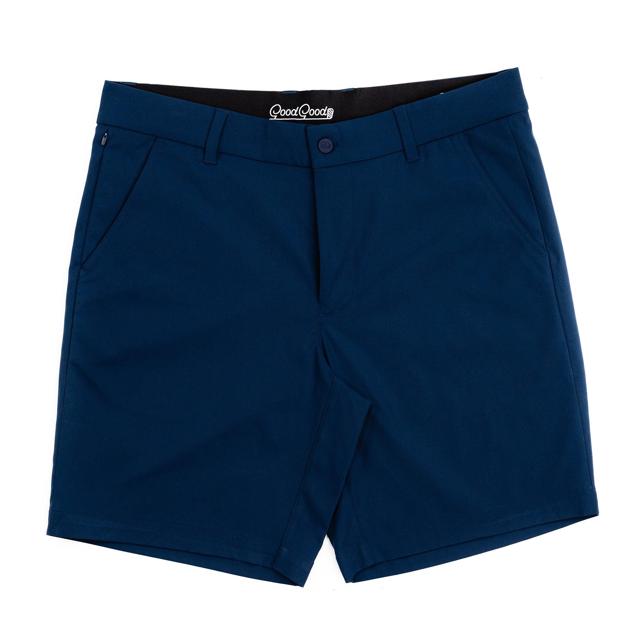 Blue shorts with a brand logo on a white background