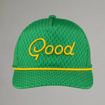 Green cap with yellow 'Good' text on a gray background