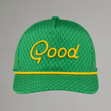 Green cap with yellow 'Good' text on a gray background