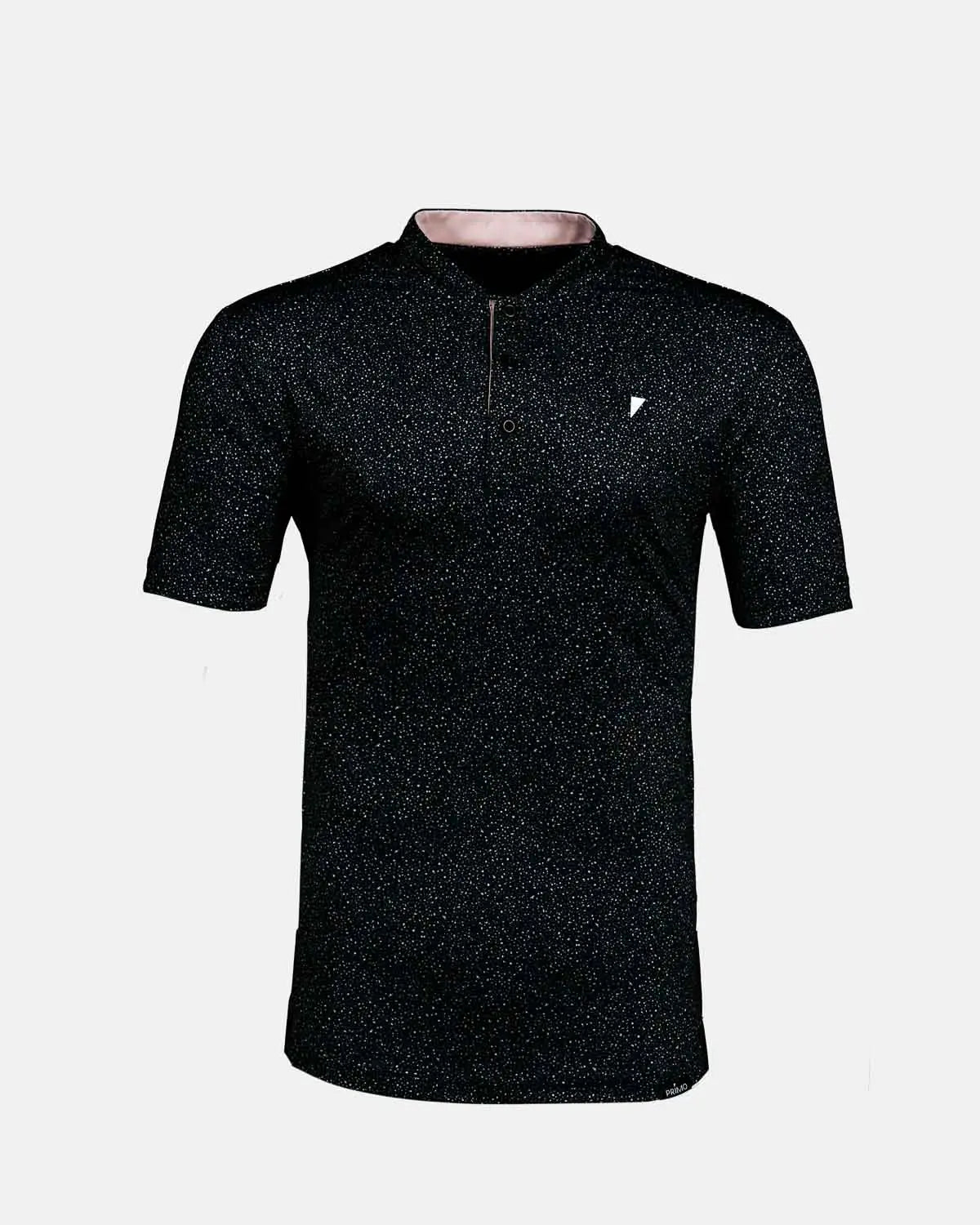 Black short-sleeve polo with a small white logo on a light gray background