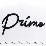 Embroidered word 'Primo' on a white background