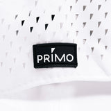 Close up detail of rubber Primo label sewn to hat