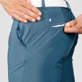 Person wearing blue pants and showing off back zip on pants with a white belt on a light gray background