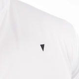 White golf polo with a black triangle logo on a white background