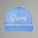 Blue cap with 'Good' text on a gray background
