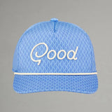 Blue cap with 'Good' text on a gray background