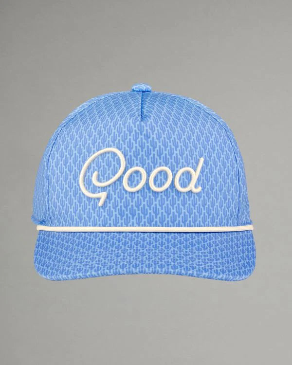 Blue cap with 'Good' text on a gray background