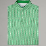 Green patterned polo shirt on a gray background