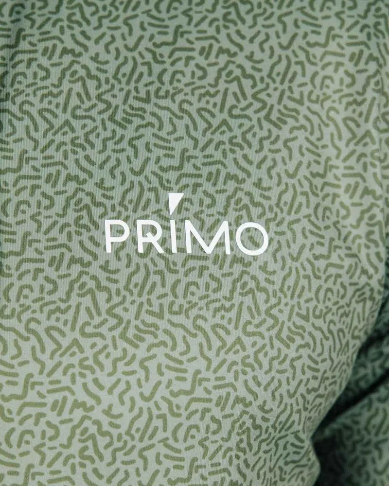 Green patterned fabric with 'PRIMO' logo in white