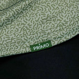 Close up green hoodie with geometric pattern. Embroidered Primo logo sewn on.