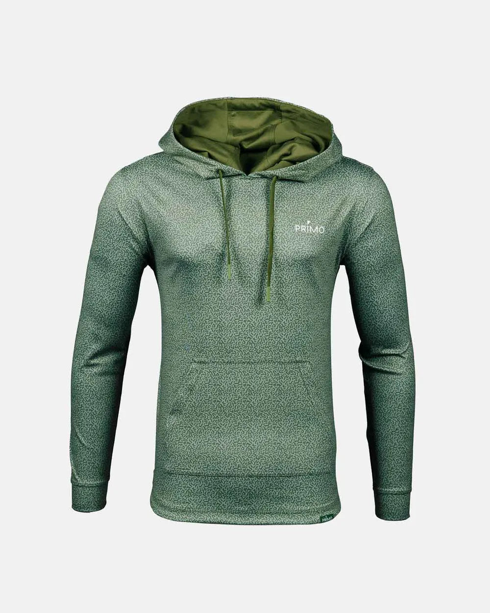 Green hoodie shown from the front with Primo logo and kangaroo pouch