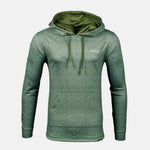 Green hoodie shown from the front with Primo logo and kangaroo pouch