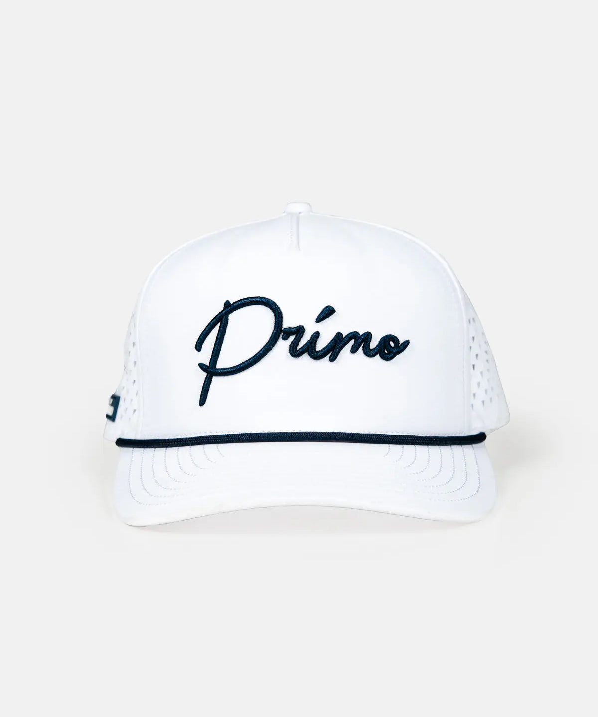 White Navy Primo Cursive Hat on white background