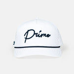 White Navy Primo Cursive Hat on white background