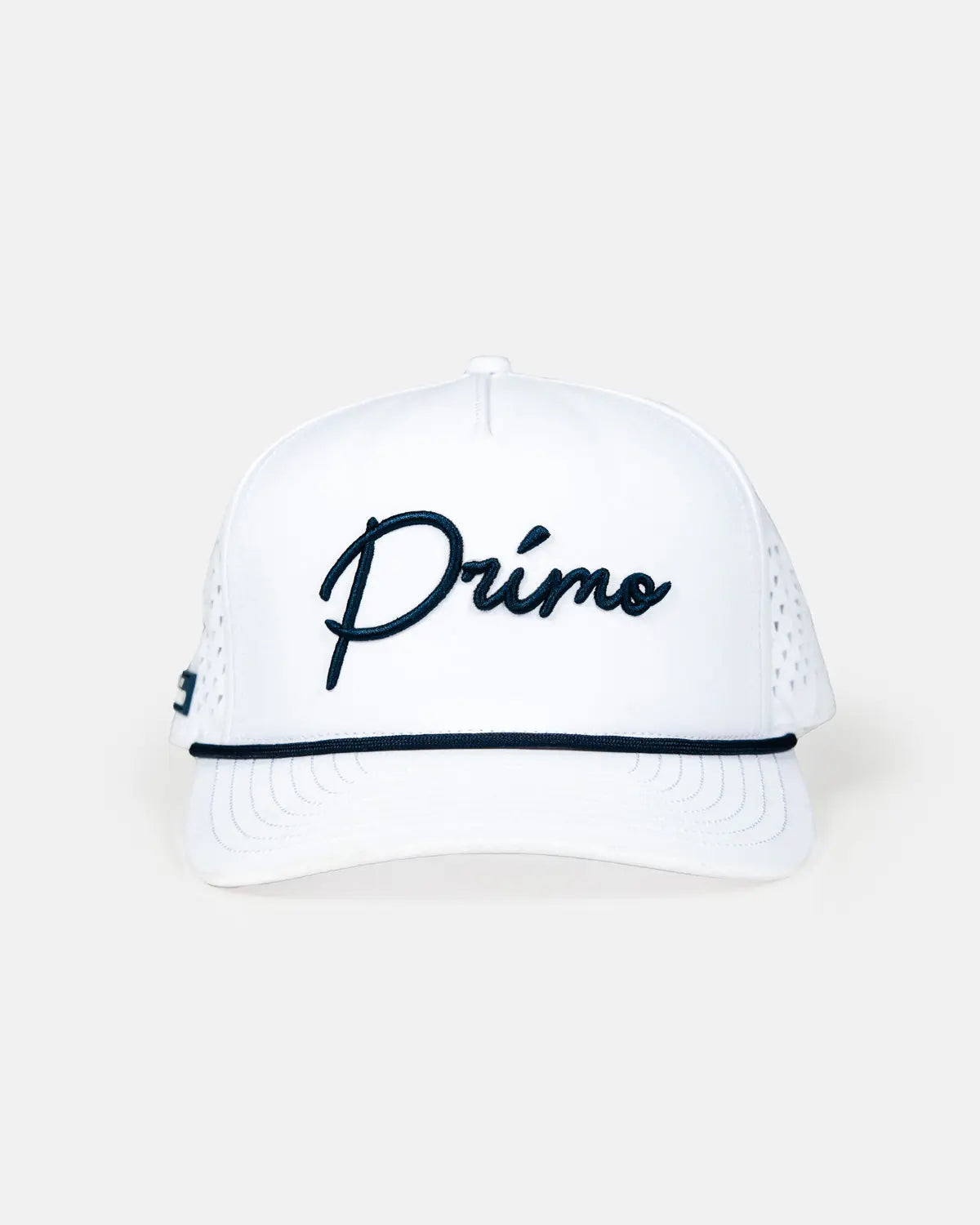 White Navy Primo Cursive Hat on white background