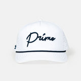 White Navy Primo Cursive Hat on white background