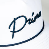 Side view of embroidered cursive logo on front of hat