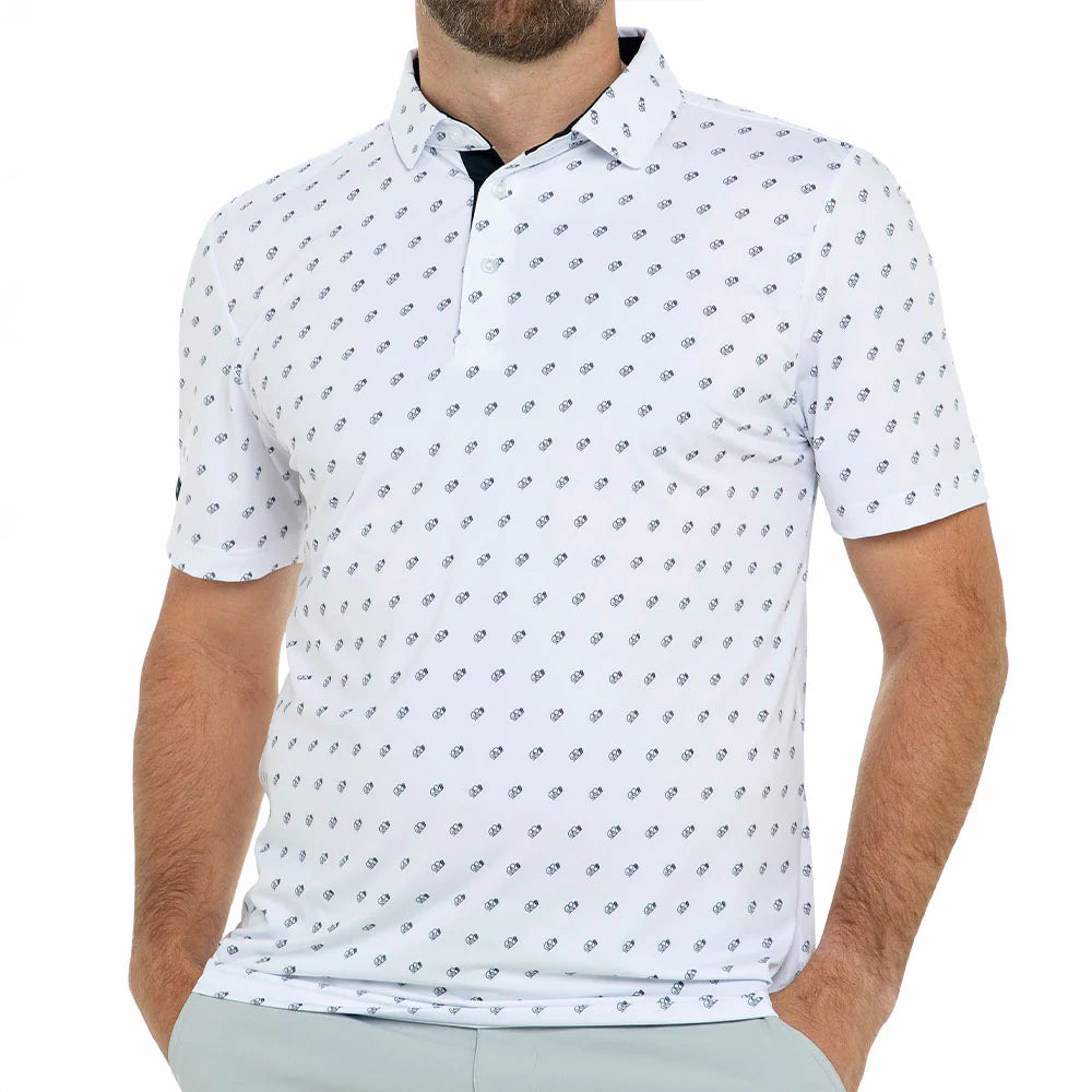 Man wearing a white polo shirt with a subtle pattern on a white background