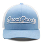 Light blue cap with white mesh back and 'Good Good' embroidery on a white background